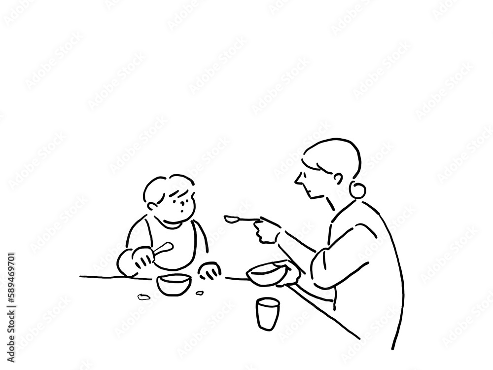 赤ちゃん、子供に食事を与える女性（線画）