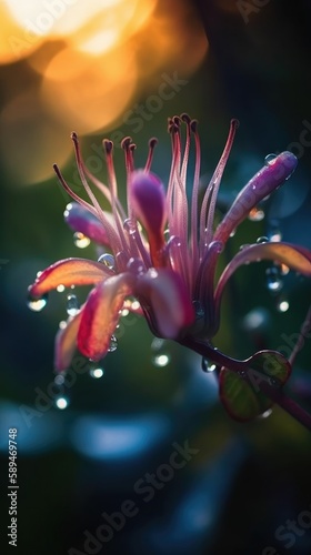 Honeysuckle flower with waterdrops. Close up. Generative AI