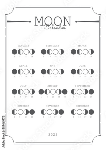 Moon Calendar 2023, Moon Phases 2023 Vector Illustration  (ID: 589469972)