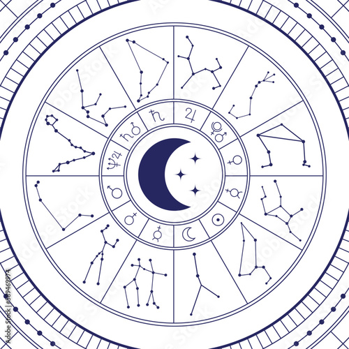 Zodiac Astrology Circle with Zodiac Horoscope Signs, Mystical Natal Chart. (ID: 589469974)