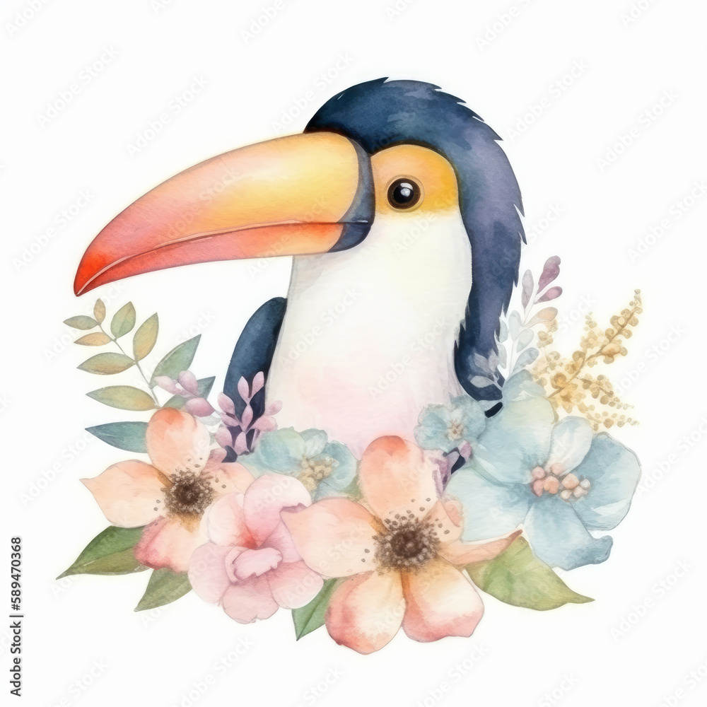 Naklejka premium Cute watercolor toucan bird. Illustration Generative AI.