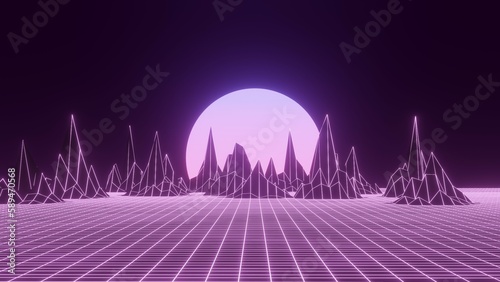 Retro sci-fi landscape of mountains. Futuristic polygonal background in style 80s and 90s. Technology perspective glowing grid with 3d landscape. Abstract wireframe terrain design. 3D rendering.