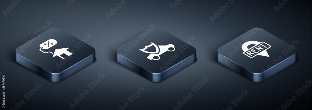 Set Isometric House with percant, Location key and Car shield icon. Vector Set Isometric House with percant, Location key and Car shield icon. Vector