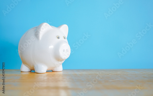 White Piggy bank on blue background with copy space. Saving money concept.  © tendo23