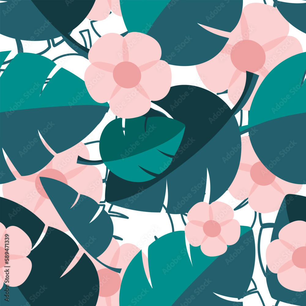 Exotic green leaves with pink flowers on a white background. Seamless pattern. Floral vector illustration.