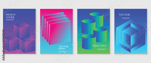 Abstract gradient background vector set. Minimalist style cover template with vibrant perspective 3d geometric prism shapes collection. Ideal design for social media, poster, cover, banner, flyer.