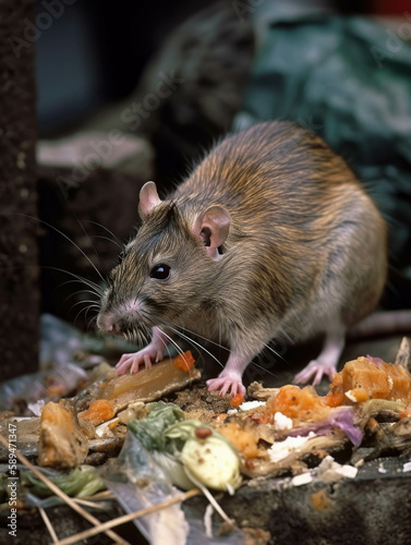 A rat darting across a pile of garbage its little paws clutching bits of moldy food.. AI generation.