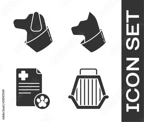 Set Pet carry case, Dog, Clipboard with medical clinical record pet and Cat icon. Vector