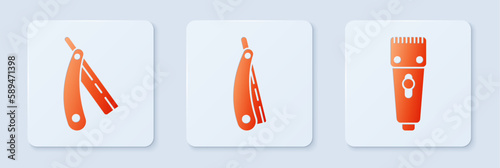 Set Straight razor, Straight razor and Electrical hair clipper or shaver. White square button. Vector