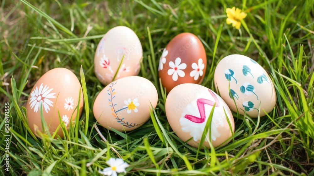 Colorful Easter eggs with different patterns drawn on them. Among the grass in nature, flowers nature and sky around.