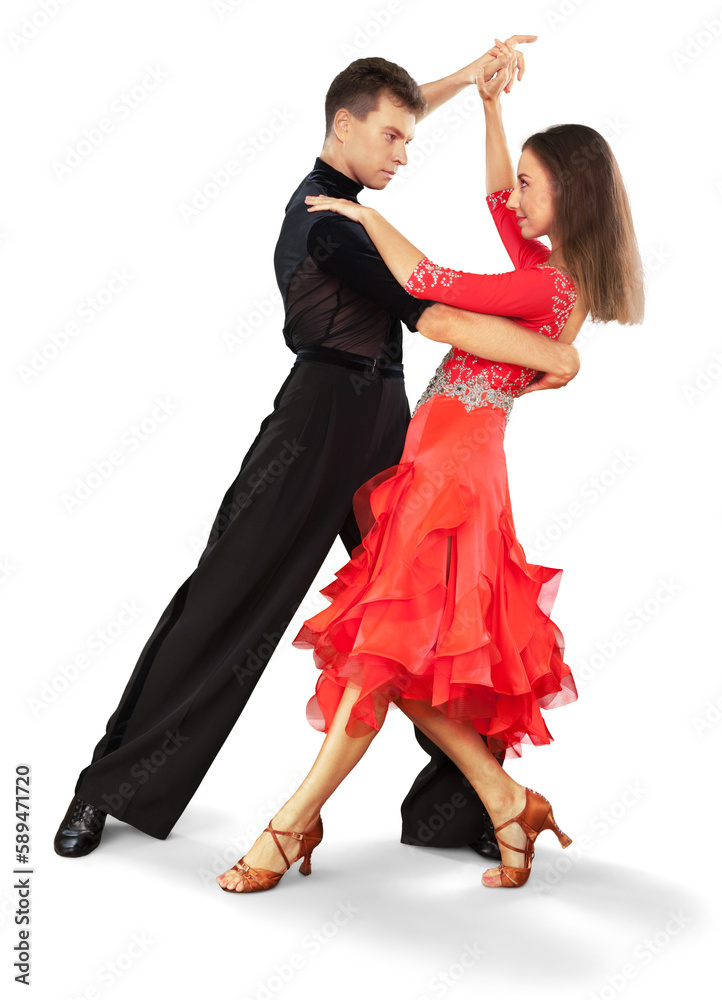 Man and woman dancing Salsa on white background - obrazy, fototapety, plakaty 