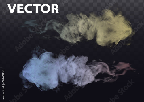 Dust spray, white smoke, powder or water drops trail. Flow mist, smoky stream, aroma or toxic clouds, steaming chemical or cosmetics product vapour, haze. Realistic 3d vector isolated clip art set