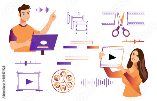 Video editing doodle concept. Motion designer or animator holding film in hands create animated movies or clips. Graphic studio service, multimedia and animation montage, Linear web banner