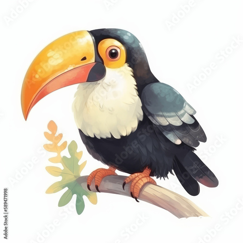 Cute watercolor toucan bird. Illustration AI Generative.