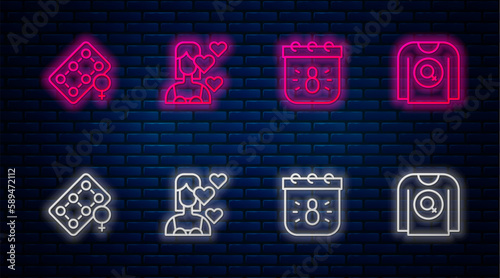 Set line Love yourself, Calendar with 8 March, Packaging of birth control pills and Feminist shirt. Glowing neon icon on brick wall. Vector