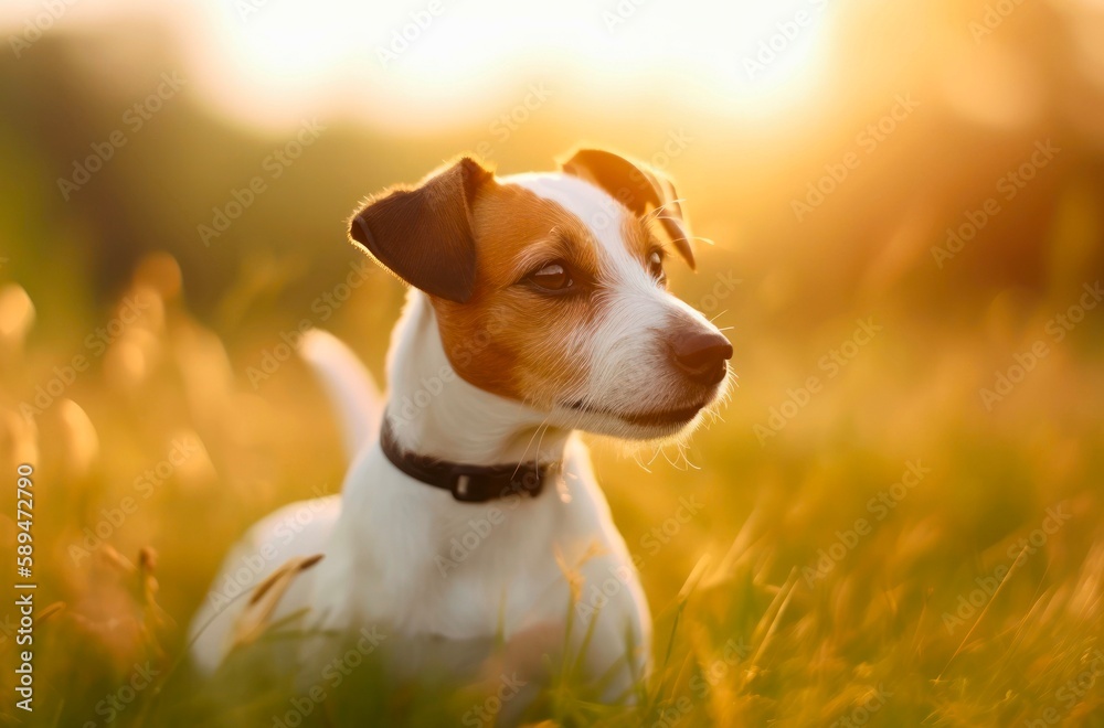 Jack Russell Terrier sits in the grass in the park in summer. Generative AI.