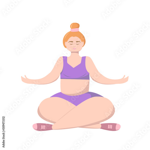 Happy plus size girl doing yoga in lotus position. Relax meditation. Body positivity theme. Self time concept illustration