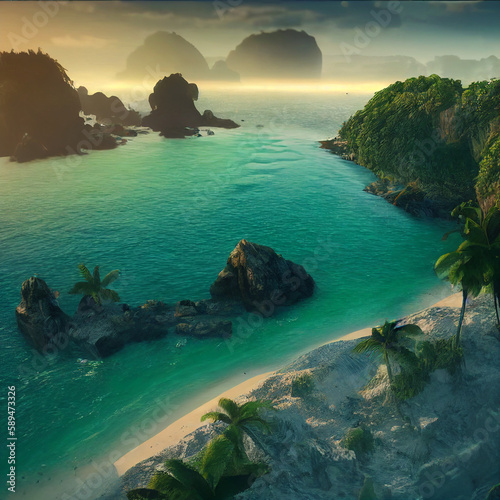 tropical islands in the ocean at early morning, illustration created with Generative AI technology