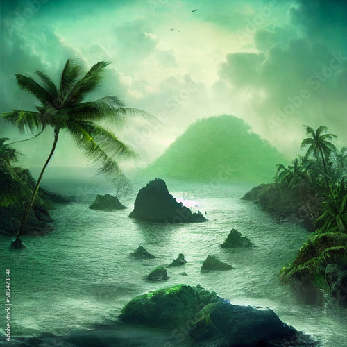 tropical island with palm tree in Caribbean waters, illustration created with Generative AI technology