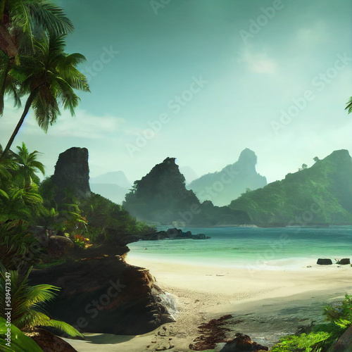 beach with palm trees at lost island, illustration created with Generative AI technology