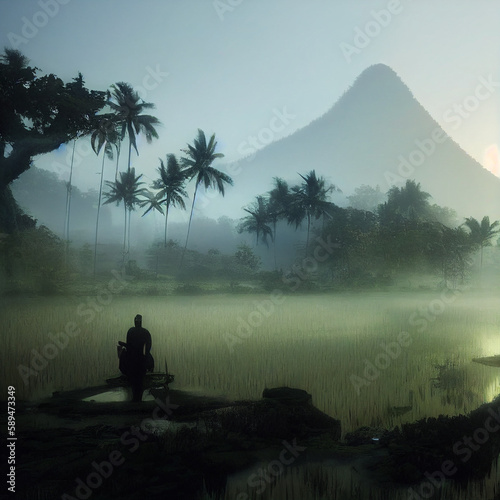 man meditating in nature among rice fields and mountains, illustration created with Generative AI technology