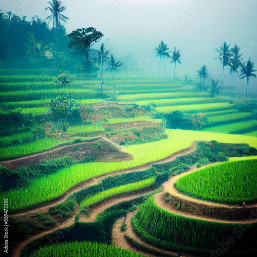 rice field in the morning fog, illustration created with Generative AI technology