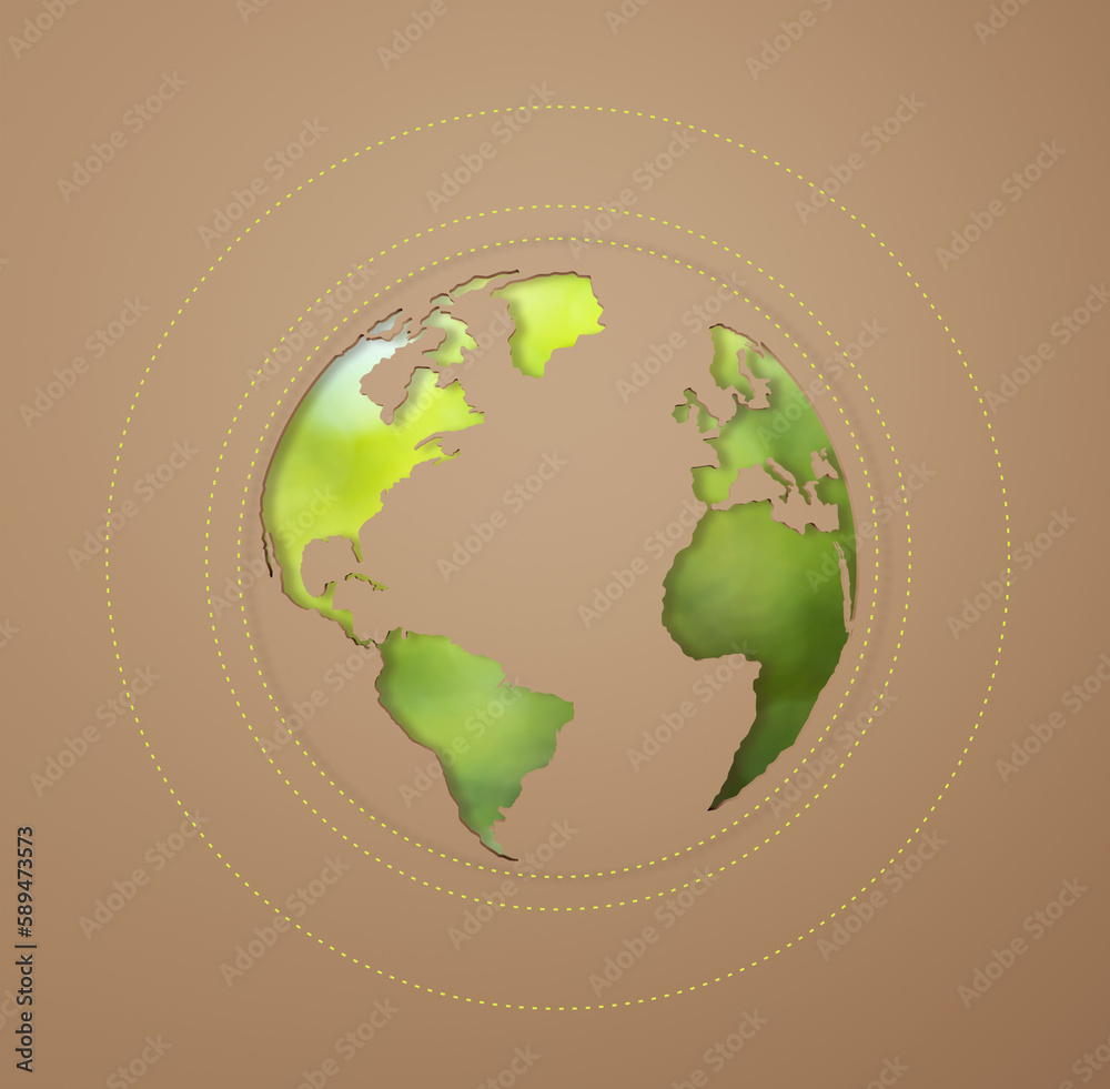 3d Rendering. Planet earth icon eco papercut on brown background. Earth day concept. with copy space.