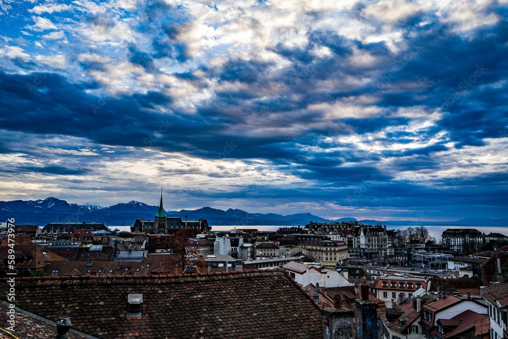 Cloudy day on a city in Switzerland