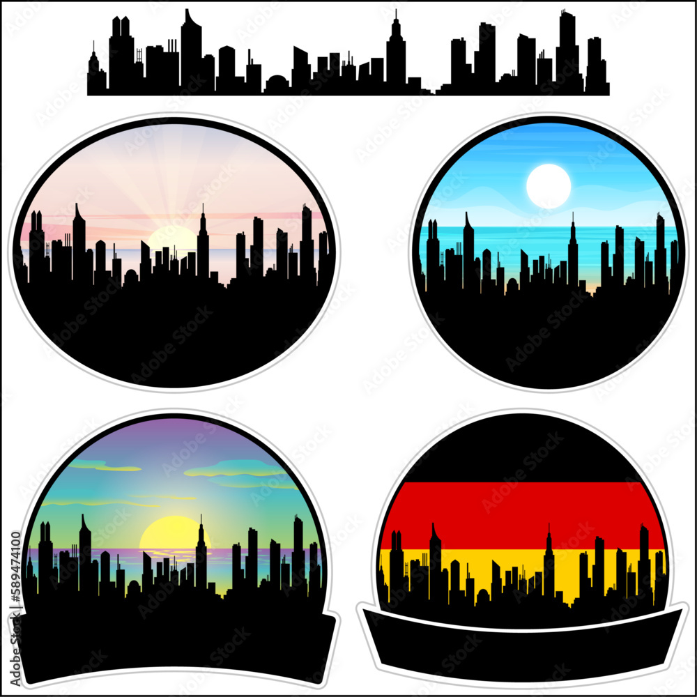 Rendsburg Skyline Silhouette Germany Flag Travel Souvenir Sticker Sunset Background Vector Illustration SVG EPS AI