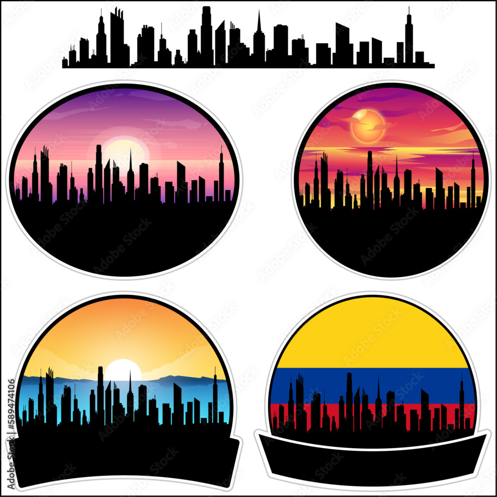 Mitu Skyline Silhouette Colombia Flag Travel Souvenir Sticker Sunset Background Vector Illustration SVG EPS AI
