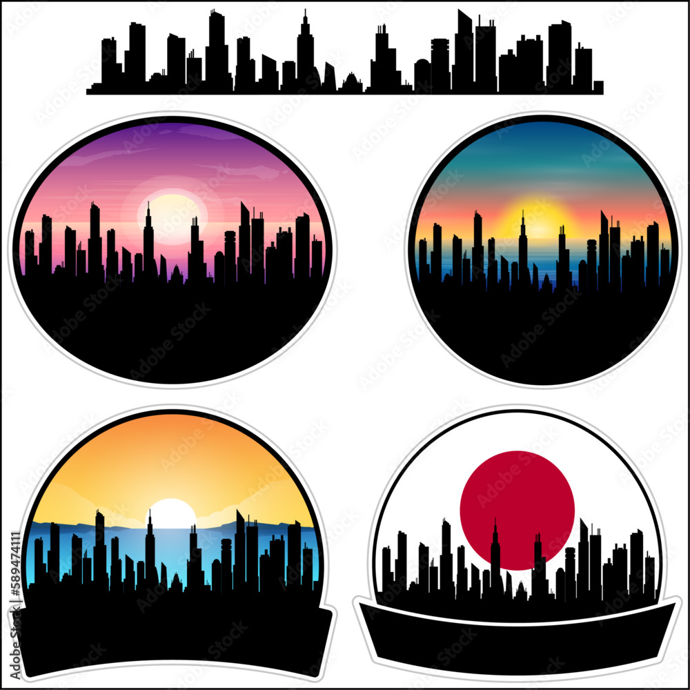 Kitsuki Skyline Silhouette Japan Flag Travel Souvenir Sticker Sunset Background Vector Illustration SVG EPS AI