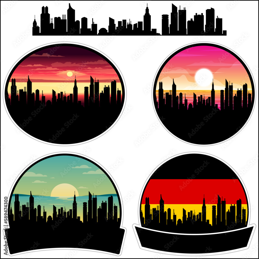 Meissen Skyline Silhouette Germany Flag Travel Souvenir Sticker Sunset Background Vector Illustration SVG EPS AI
