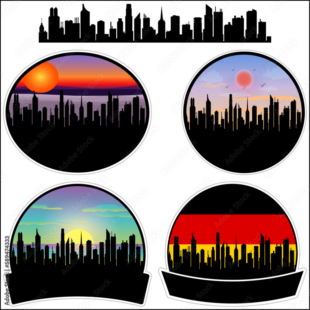 Kevelaer Skyline Silhouette Germany Flag Travel Souvenir Sticker Sunset Background Vector Illustration SVG EPS AI