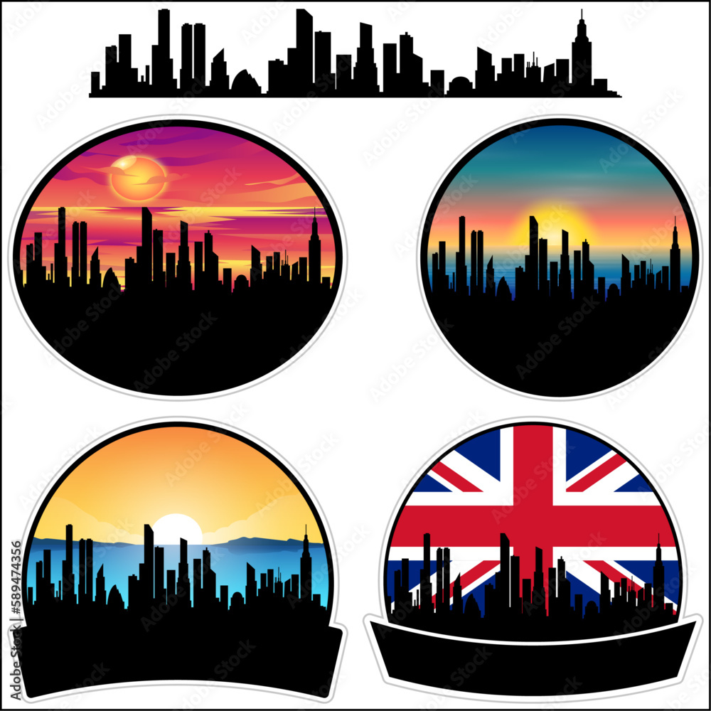 Reddish Skyline Silhouette Uk Flag Travel Souvenir Sticker Sunset Background Vector Illustration SVG EPS AI