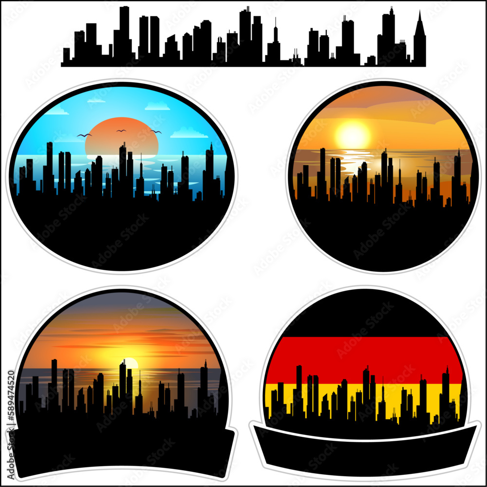Olching Skyline Silhouette Germany Flag Travel Souvenir Sticker Sunset Background Vector Illustration SVG EPS AI