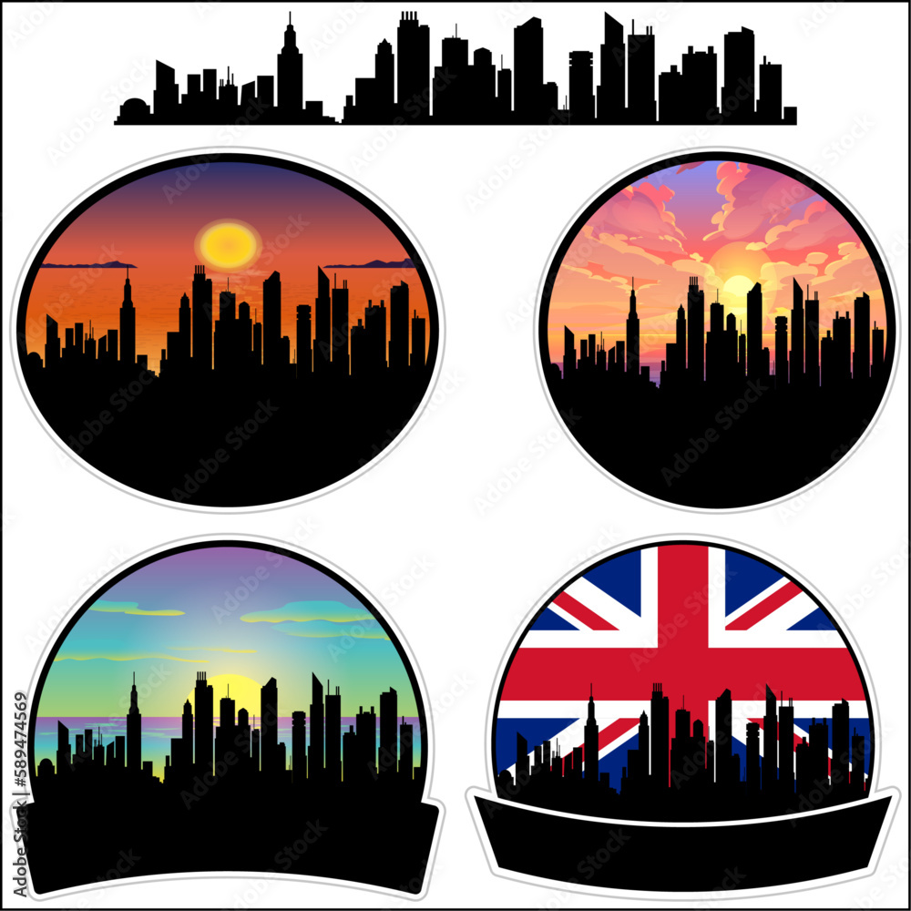 Yate Skyline Silhouette Uk Flag Travel Souvenir Sticker Sunset Background Vector Illustration SVG EPS AI