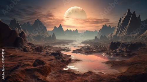 other world, other planet landscape with big moon shine on wasteland, Generative Ai