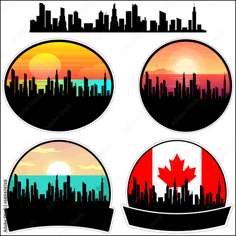 Grimsby Skyline Silhouette Canada Flag Travel Souvenir Sticker Sunset Background Vector Illustration SVG EPS AI