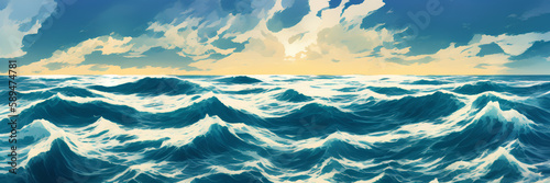 Painted seascape  sea waves  sunset sky  ai generation  panoramic