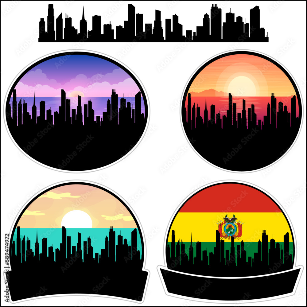 Uyuni Skyline Silhouette Bolivia Flag Travel Souvenir Sticker Sunset Background Vector Illustration SVG EPS AI