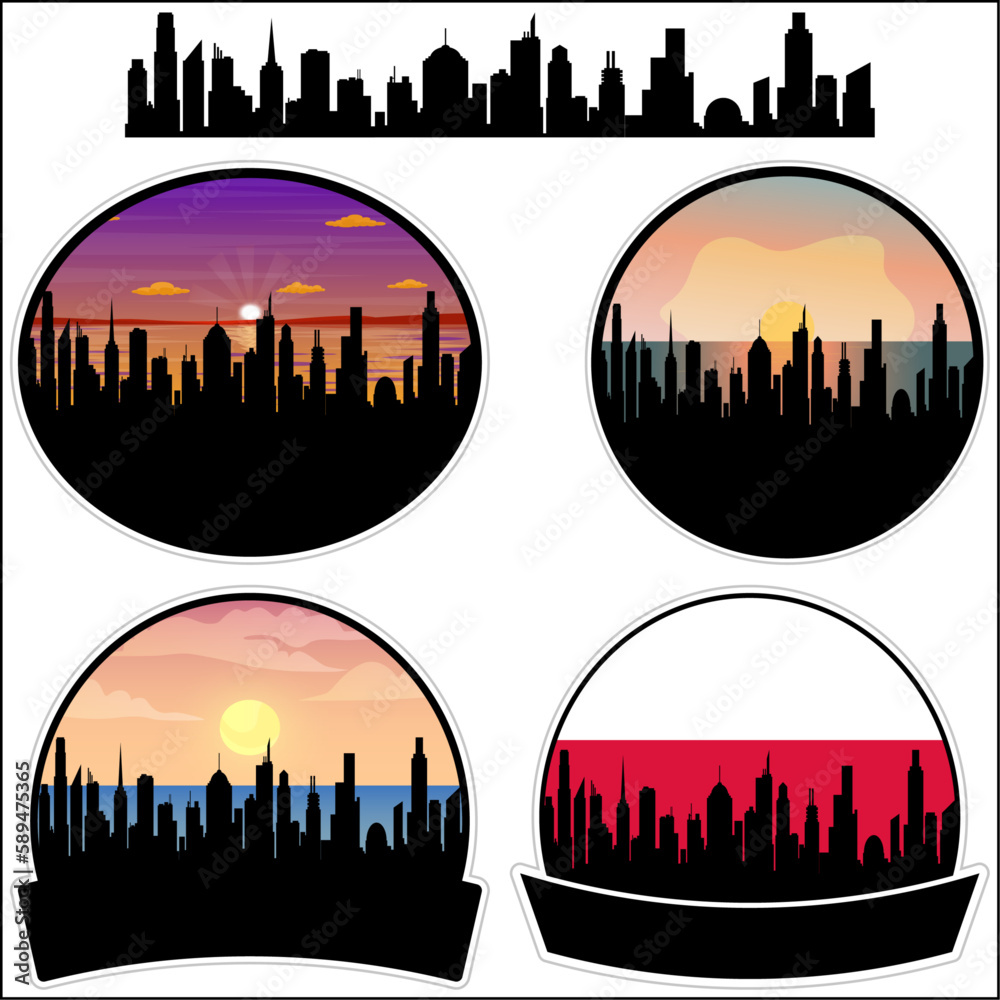 Walcz Skyline Silhouette Poland Flag Travel Souvenir Sticker Sunset Background Vector Illustration SVG EPS AI