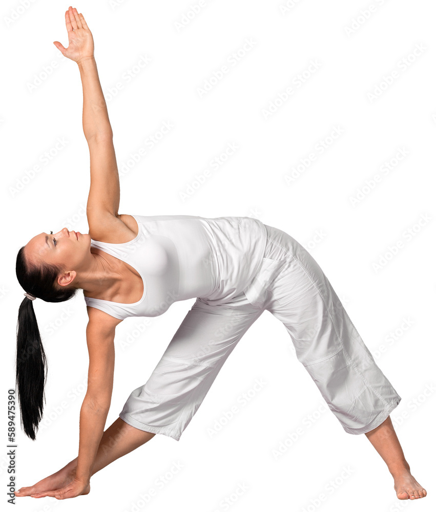 Naklejka premium Young beautiful woman doing Yoga on white background