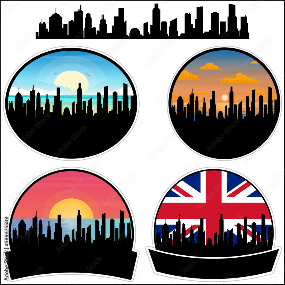 Burntwood Skyline Silhouette Uk Flag Travel Souvenir Sticker Sunset Background Vector Illustration SVG EPS AI