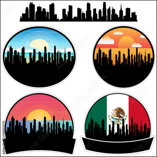 Huaquechula Skyline Silhouette Mexico Flag Travel Souvenir Sticker Sunset Background Vector Illustration SVG EPS AI photo