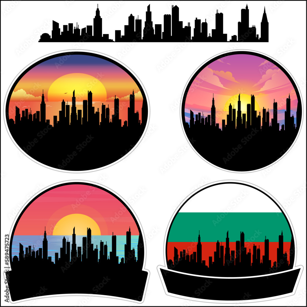 Karlovo Skyline Silhouette Bulgaria Flag Travel Souvenir Sticker Sunset Background Vector Illustration SVG EPS AI