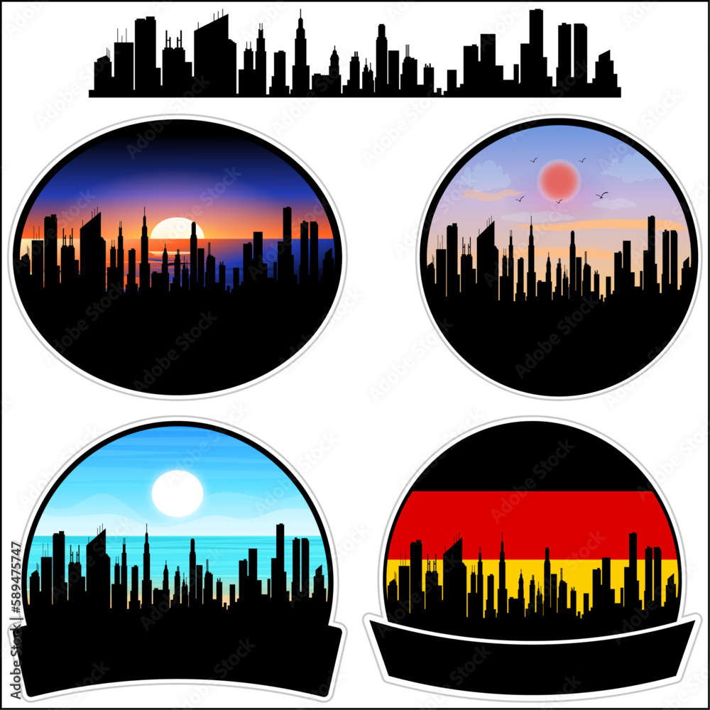 Sankt Wendel Skyline Silhouette Germany Flag Travel Souvenir Sticker Sunset Background Vector Illustration SVG EPS AI