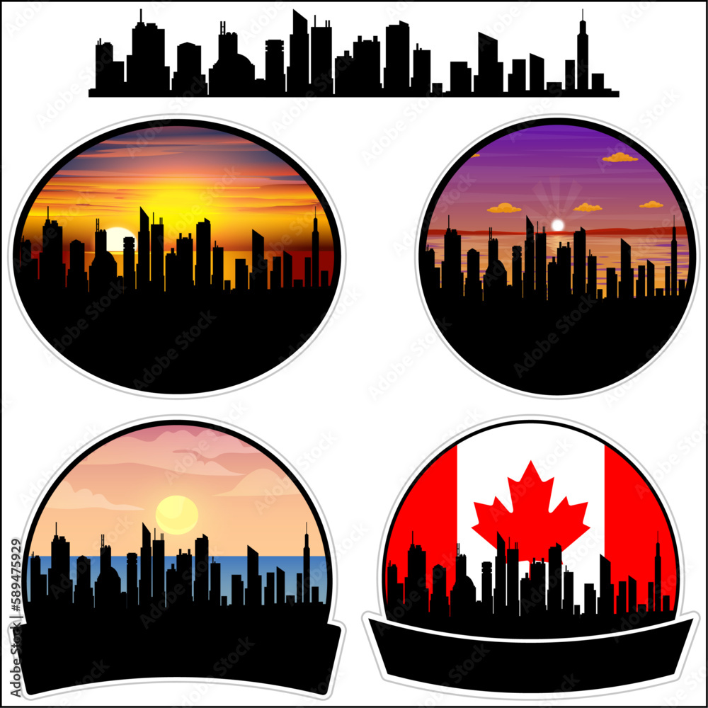 Courtenay Skyline Silhouette Canada Flag Travel Souvenir Sticker Sunset Background Vector Illustration SVG EPS AI