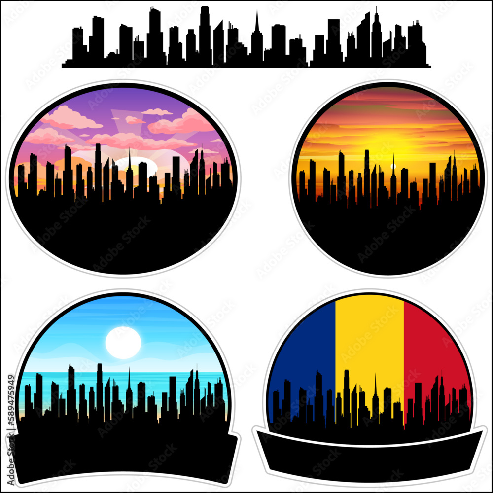 Pantelimon Skyline Silhouette Romania Flag Travel Souvenir Sticker Sunset Background Vector Illustration SVG EPS AI