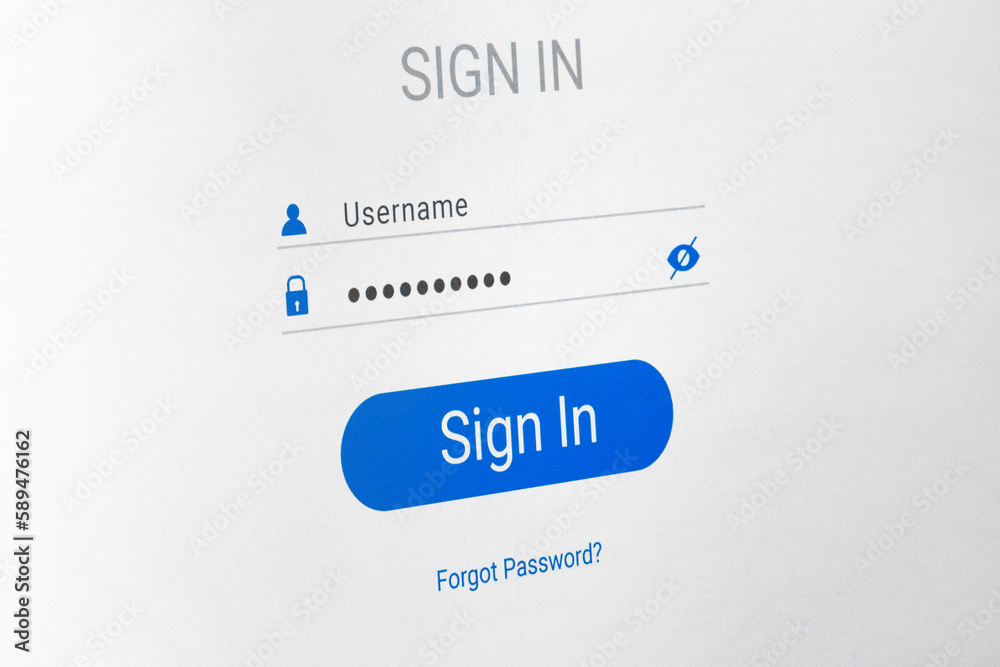 Obraz premium Verification window, username and password fields, password characters in the form of dots, text forgot password. Photo of a computer screen, selective focus.