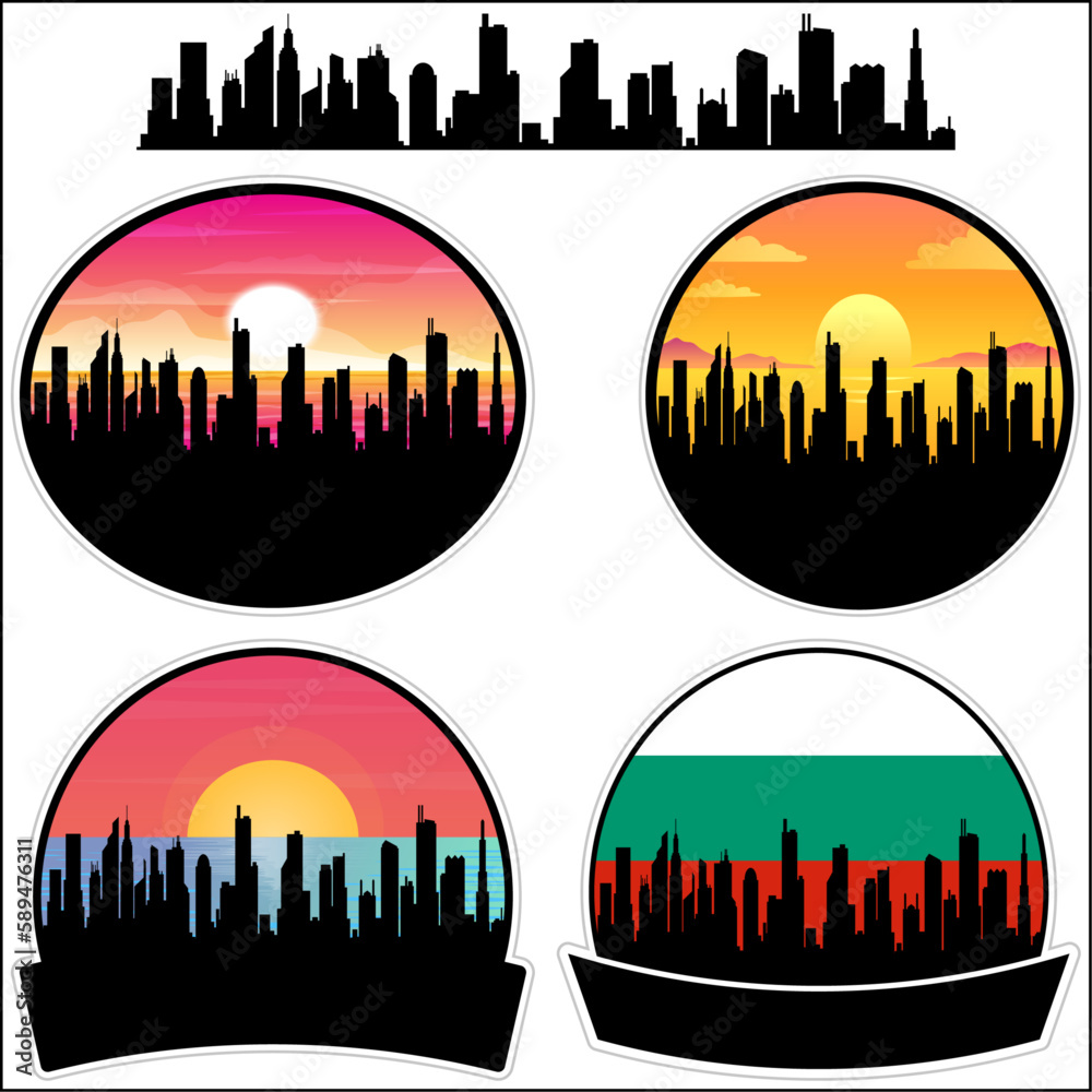Sevlievo Skyline Silhouette Bulgaria Flag Travel Souvenir Sticker Sunset Background Vector Illustration SVG EPS AI